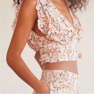 Free People Pretty Dayz Ivory Floral Crop Top Flutter Sleeve Women’s Size Small